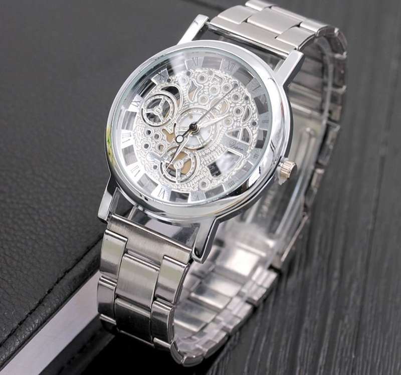 Elegant Men's Business Skeleton Stainless Steel Wrist Watch in Silver - Complimentary Gift Box
