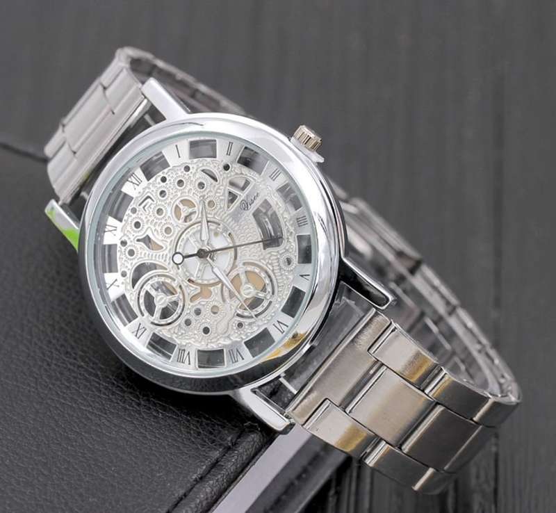 Elegant Men's Business Skeleton Stainless Steel Wrist Watch in Silver - Complimentary Gift Box