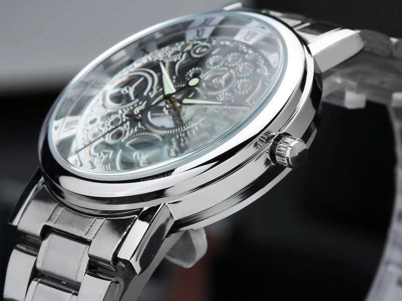 Elegant Men's Business Skeleton Stainless Steel Wrist Watch in Silver - Complimentary Gift Box