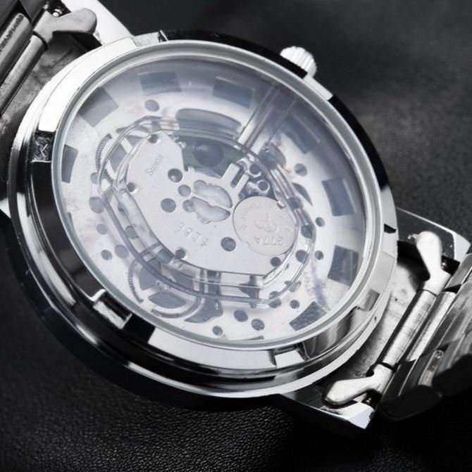 Elegant Men's Business Skeleton Stainless Steel Wrist Watch in Silver - Complimentary Gift Box