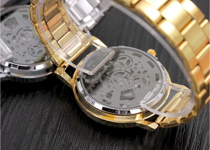 Business Men's Stainless Steel Skeleton Wrist Watch in Gold - Complimentary Gift Box