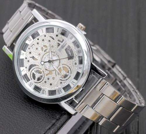 Elegant Men's Business Skeleton Stainless Steel Wrist Watch in Silver - Complimentary Gift Box