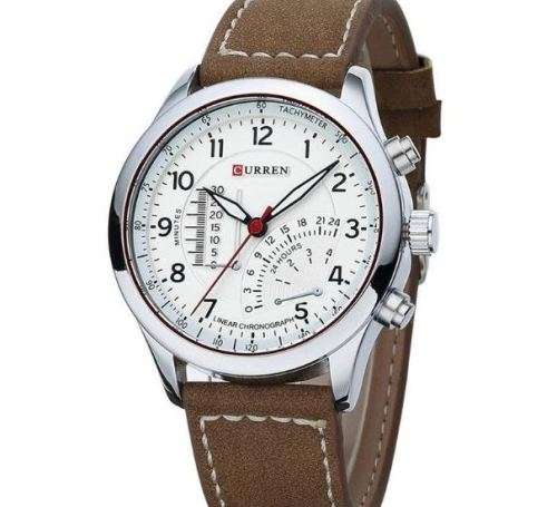 Elegant CURREN Military Leather Mens Wrist Watch - White & Brown