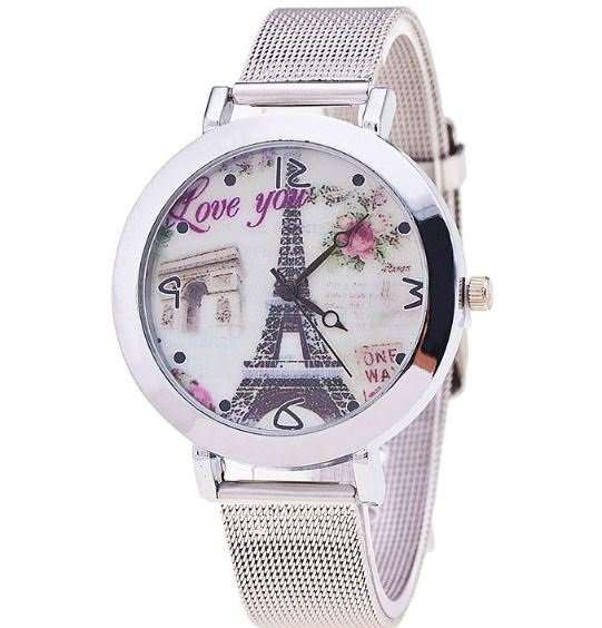 Stunning LOVE YOU Silver Eiffel Tower Wrist Watch With Mesh Band