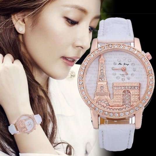 Elegant Paris Eiffel Tower Rose Gold & Austrian Crystal Leather Quartz Wrist Watch