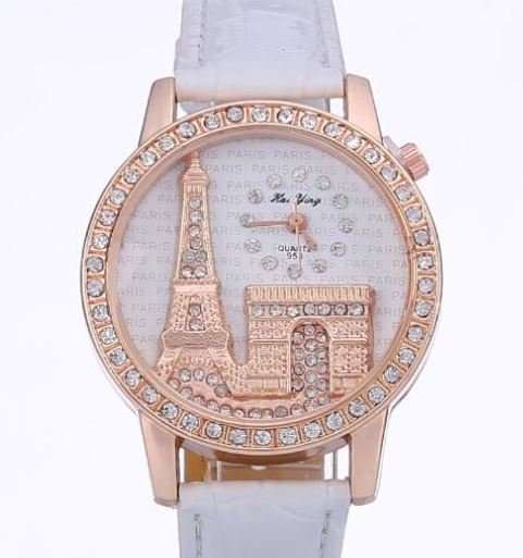 Elegant Paris Eiffel Tower Rose Gold & Austrian Crystal Leather Quartz Wrist Watch