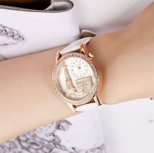 Elegant Paris Eiffel Tower Rose Gold & Austrian Crystal Leather Quartz Wrist Watch