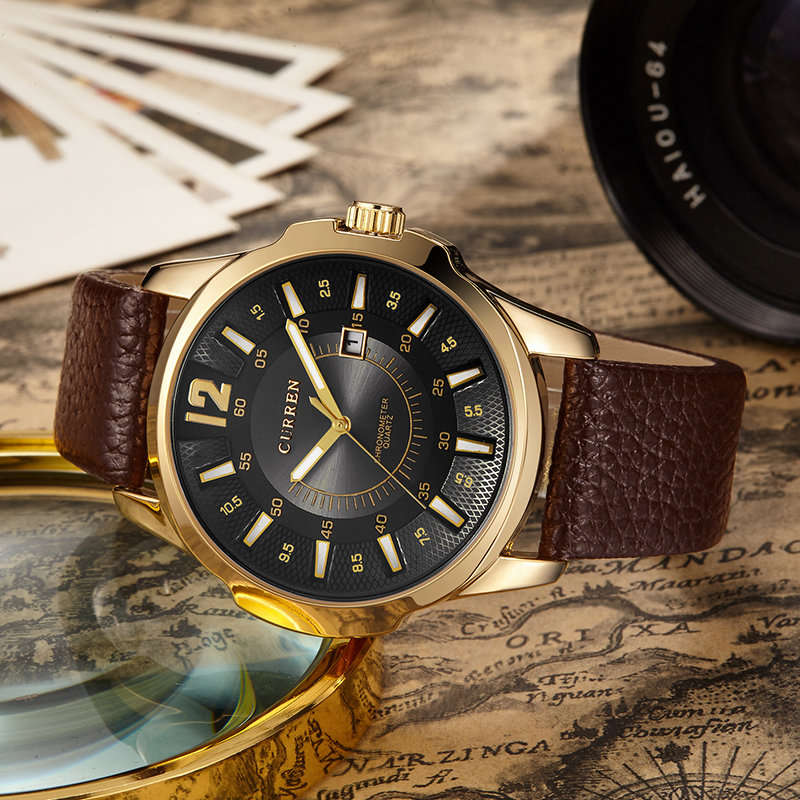 Elegant & Professional AUTO DATE CURREN Mens Business Watch With Leather Strap in Black and Gold
