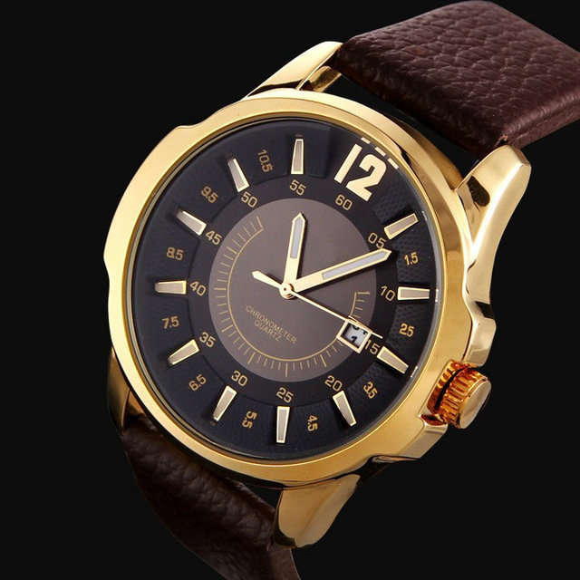 Elegant & Professional AUTO DATE CURREN Mens Business Watch With Leather Strap in Black and Gold