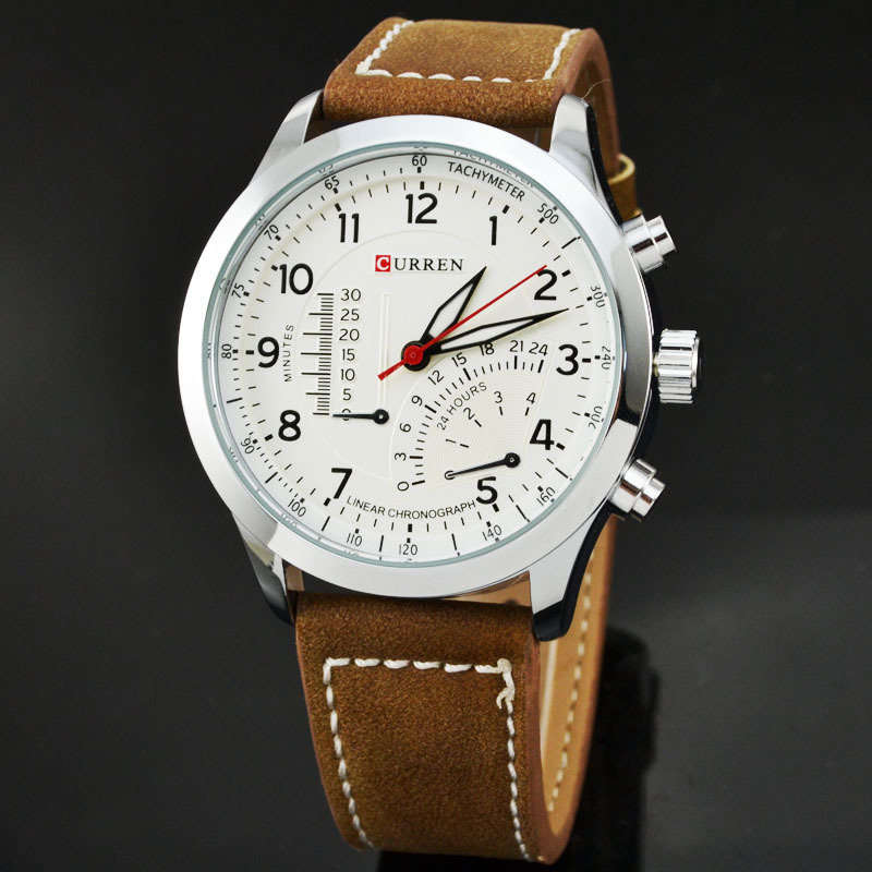 Elegant CURREN Military Leather Mens Wrist Watch - White & Brown in Gift Box