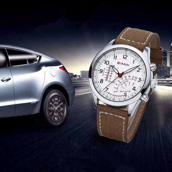 Elegant CURREN Military Leather Mens Wrist Watch - Black & Brown OR White & Brown
