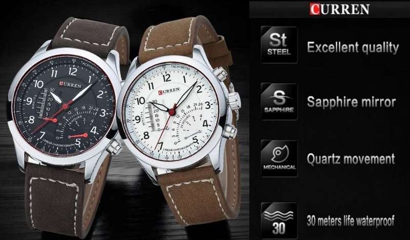 Elegant CURREN Military Leather Mens Wrist Watch - Black & Brown OR White & Brown