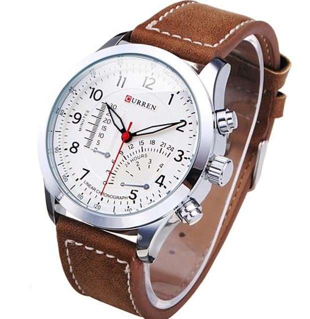 Elegant CURREN Military Leather Mens Wrist Watch - Black & Brown OR White & Brown