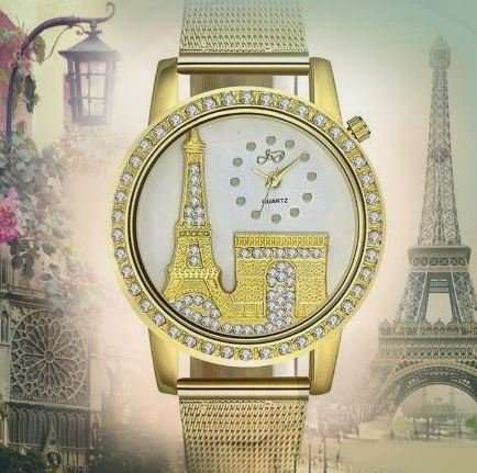 Elegant Rose Gold & Austrian Crystal Eiffel Tower Wrist Watch With Mesh Band