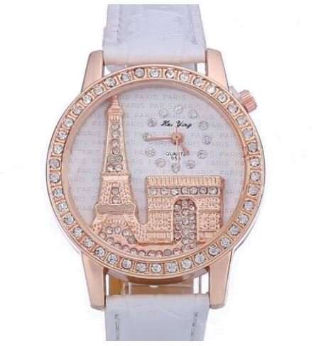 Elegant Paris Eiffel Tower Rose Gold & Austrian Crystal Leather Quartz Wrist Watch