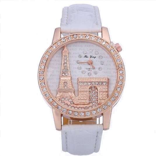 Elegant Paris Eiffel Tower Rose Gold & Austrian Crystal Leather Quartz Wrist Watch