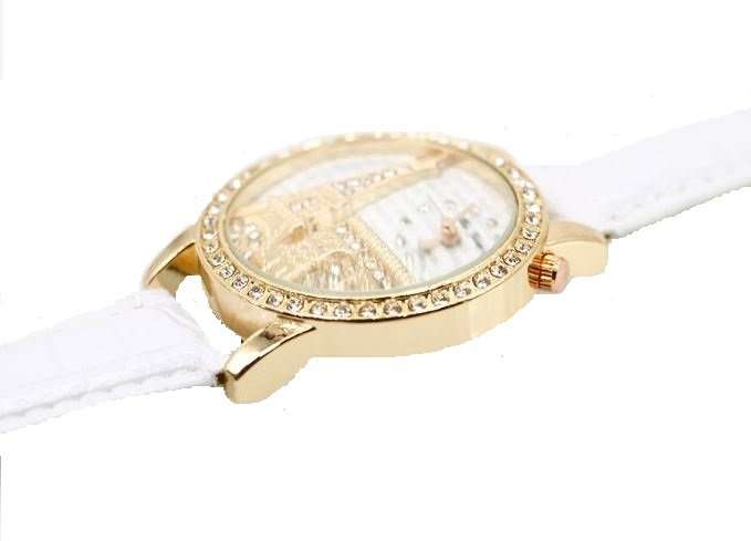 Elegant Paris Eiffel Tower Rose Gold & Austrian Crystal Leather Quartz Wrist Watch