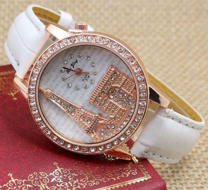 Elegant Paris Eiffel Tower Rose Gold & Austrian Crystal Leather Quartz Wrist Watch