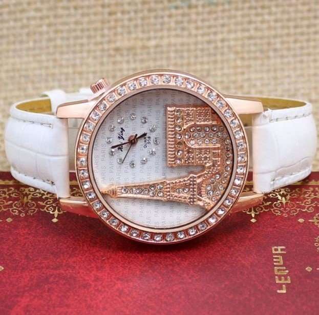 Elegant Paris Eiffel Tower Rose Gold & Austrian Crystal Leather Quartz Wrist Watch