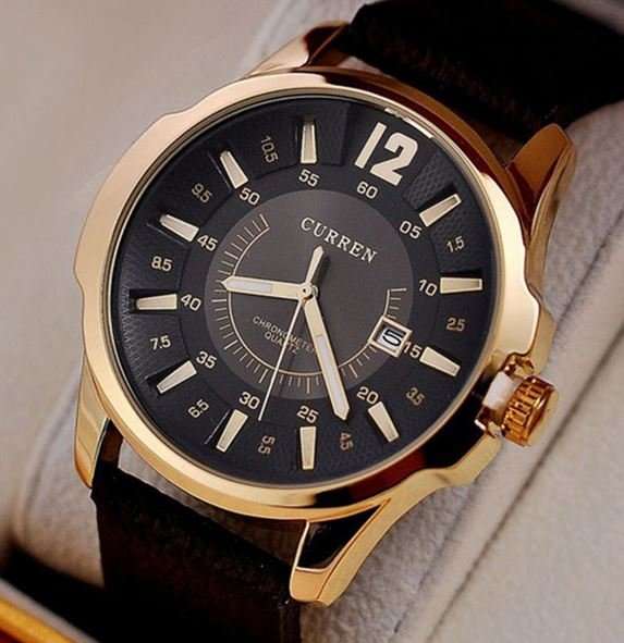 Elegant & Professional AUTO DATE CURREN Mens Business Watch With Leather Strap in Black and Gold