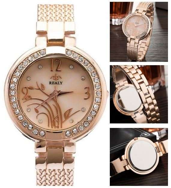 Elegant REALY Rose Gold & Rhinestone Ladies Wrist Watch With Stunning Inlay Detail