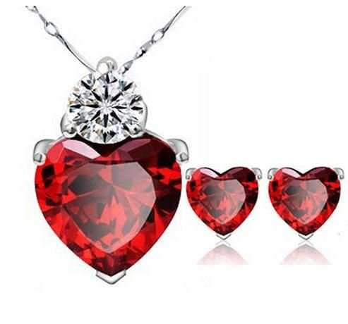 Exquisite Red Ruby Cubic Zirconia Heart Shaped Jewelry Set in Complimentary Gift Box