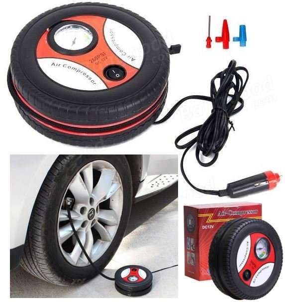 12V Portable and Compact Electric Compressor - 260 PSI with Pressure Gauge and 3 Nozzle Adapters