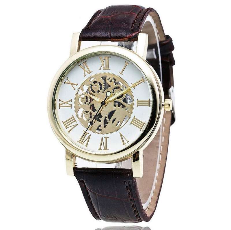 Stylish Men's Leather Skeleton Wrist Watch in Gold & Brown OR Gold & Black