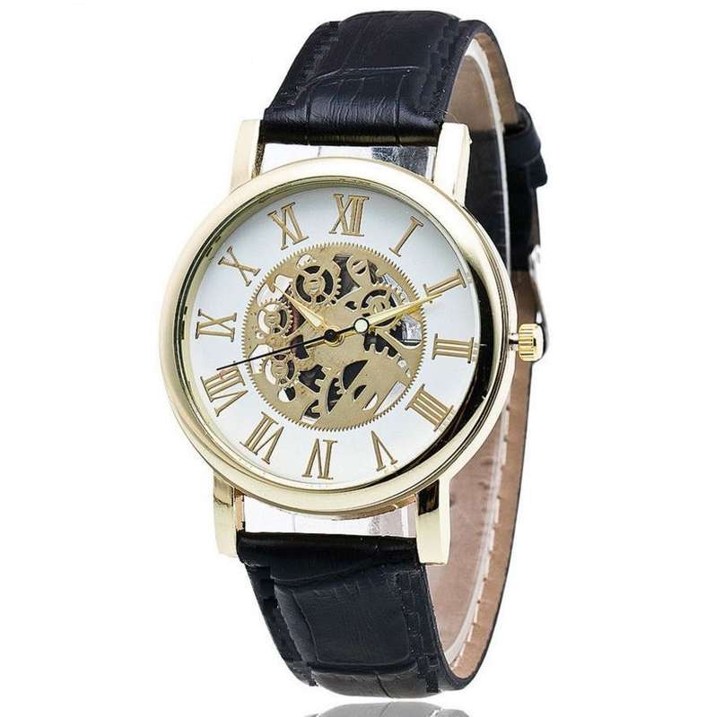 Stylish Men's Leather Skeleton Wrist Watch in Gold & Brown OR Gold & Black
