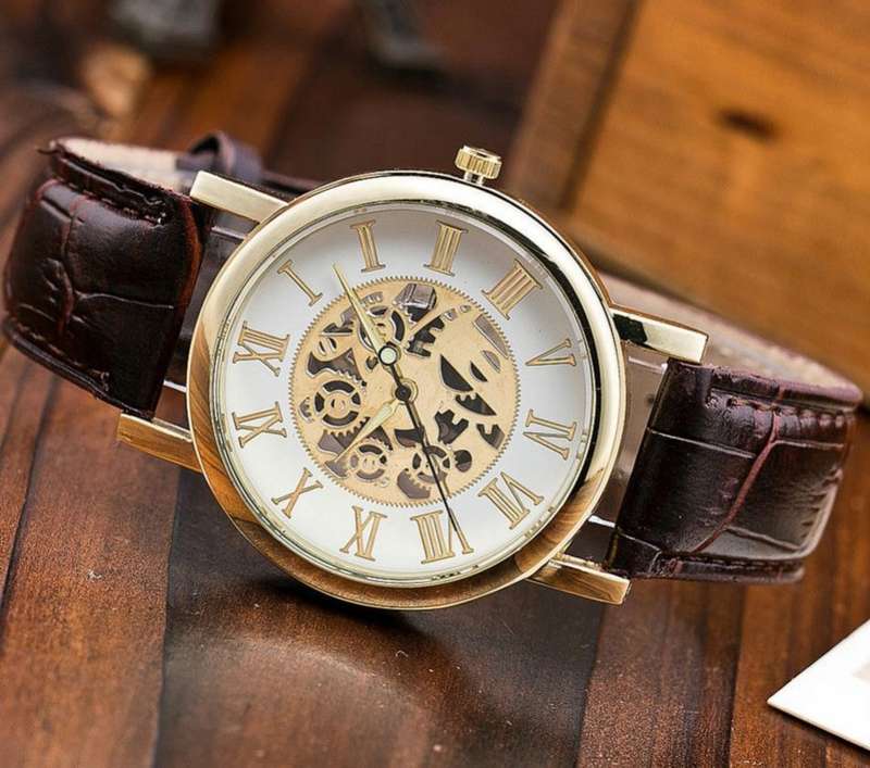 Stylish Men's Leather Skeleton Wrist Watch in Gold & Brown OR Gold & Black