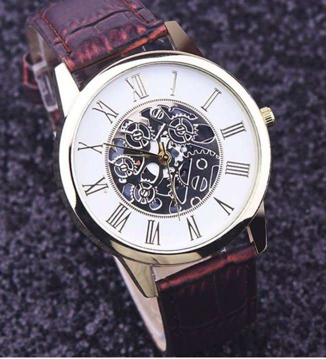 Stylish Men's Leather Skeleton Wrist Watch in Gold & Brown OR Gold & Black