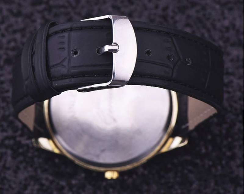 Stylish Men's Leather Skeleton Wrist Watch in Gold & Brown OR Gold & Black