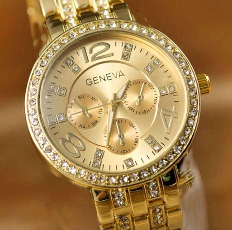 Elegant Ladies Geneva Crystal Quartz Chronograph Wrist Watch in Gold or Silver