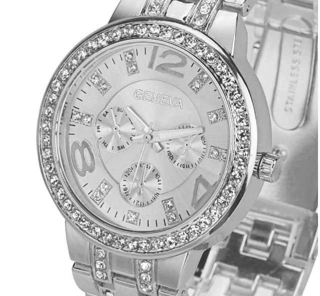 Elegant Ladies Geneva Crystal Quartz Chronograph Wrist Watch in Gold or Silver