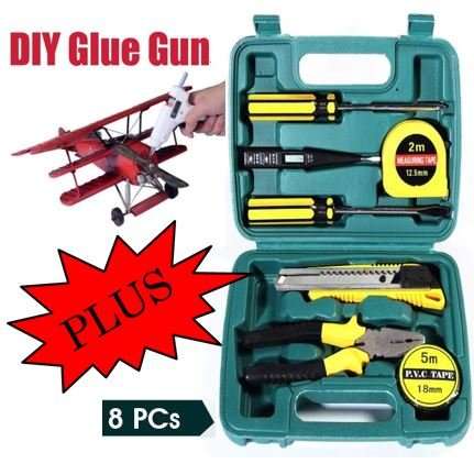 COMBO 8 Piece High Quality Carbon Steel Combination Tool Set PLUS Hot Melt Glue Gun For All Repairs