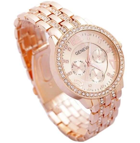 Elegant Ladies Geneva Crystal Quartz Chronograph Wrist Watch in Rosegold, Gold or Silver