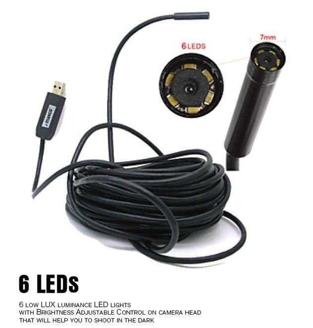 Waterproof USB Inspection HD Endoscope Video Camera With 6 LED's, 7 Meters Long