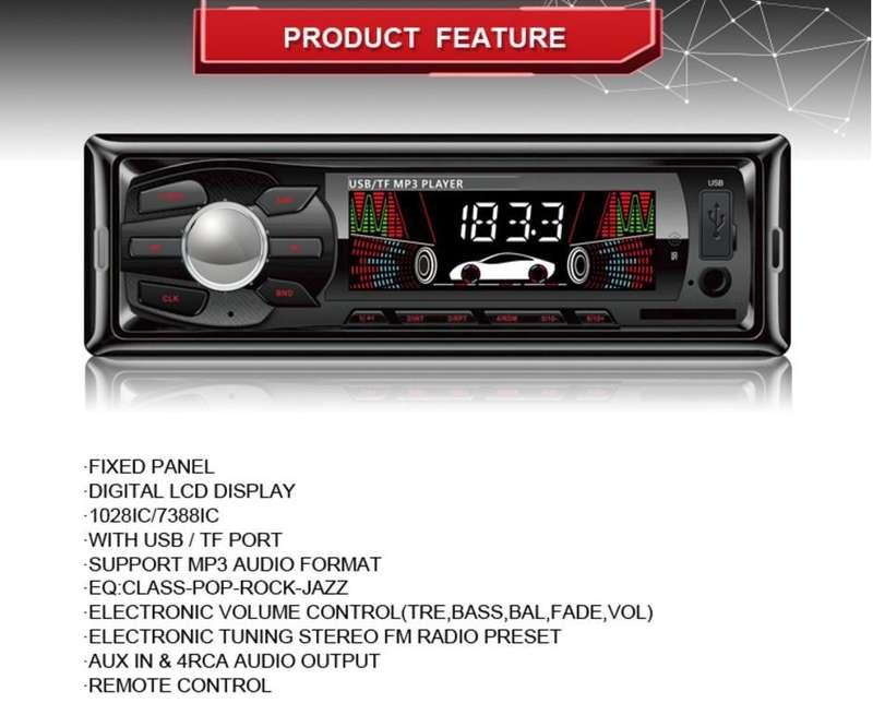 LED MP3 Car Radio & Remote - Supports USB, SD Card, AUX, 5V Charging, 4 x Speakers etc.