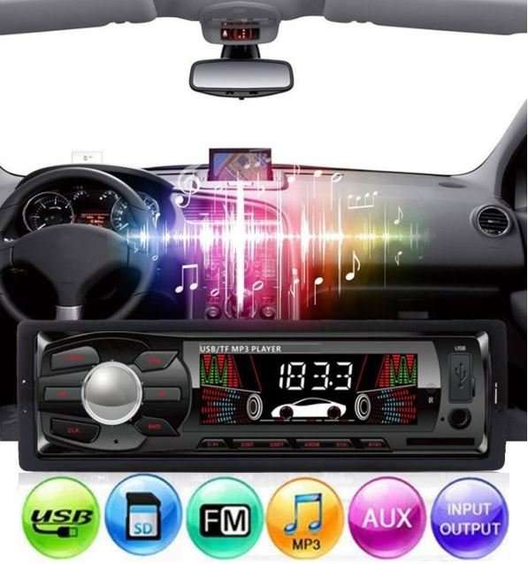 LED MP3 Car Radio & Remote - Supports USB, SD Card, AUX, 5V Charging, 4 x Speakers etc.