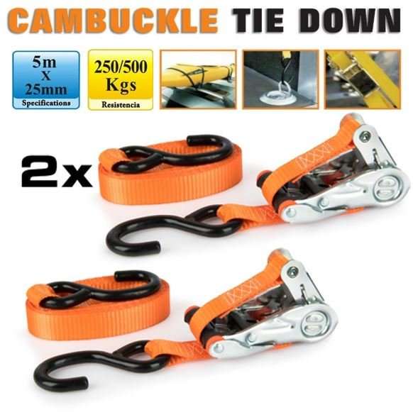 Dual Pack 5M Each Water Resistant Ratchet Tie Down Set With Quick Release pawls & S Shape Hooks