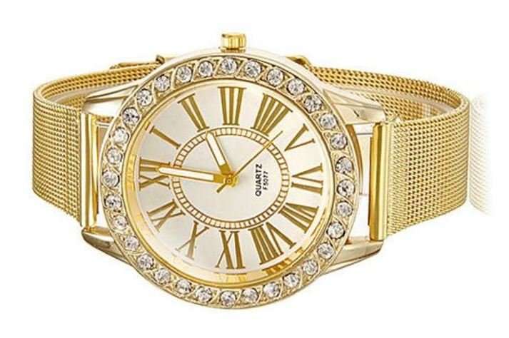 Luxurious Ladies Stainless Steel & Rhinestone Quartz Wrist Watch With Mesh Band Strap