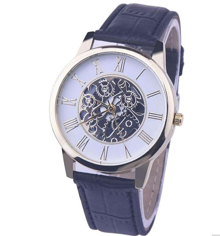 Trendy & Stylish Men's Leather Skeleton Wrist Watch in Gold & Black