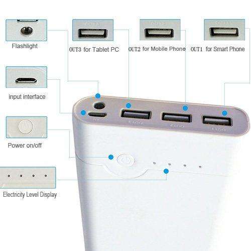 20 000mAh 3 USB Power Bank for Charging of Electronic Devices, LED Digital Screen & Flashlight