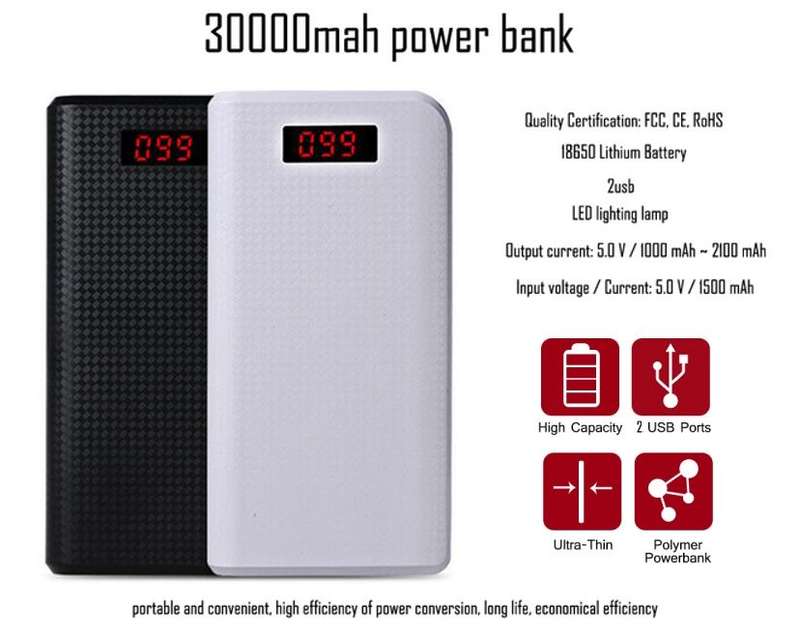 2 USB Powerbank 30000mAh for Charging of Electronic Devices, LED Digital Screen Display & Flashlight