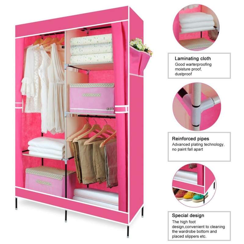 Double Portable & Foldable Canvas Wardrobe With Shelves - Great Storage Unit for Any Place