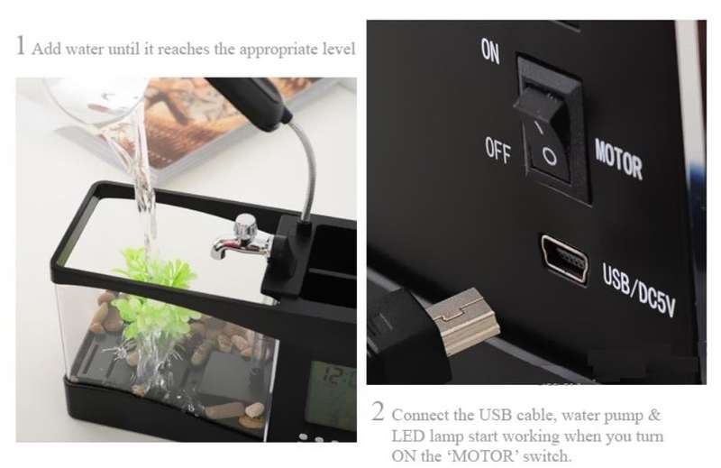 USB Desktop Aquarium, Water Recirculates to provide Oxygen, LED Light, LCD Display,Stationary Holder