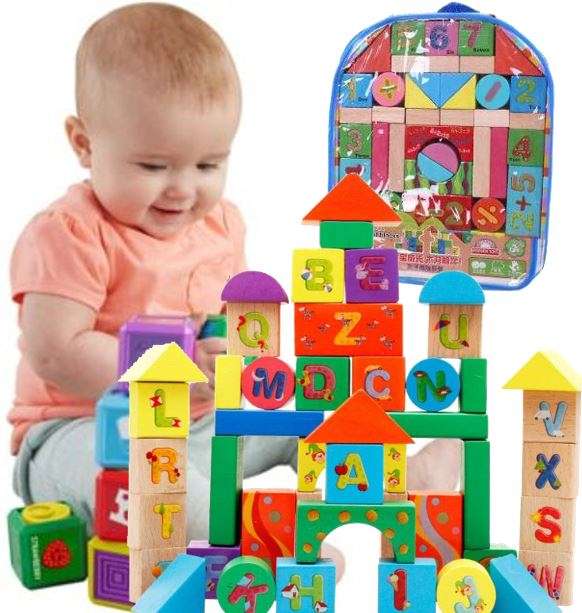 Building blocks in back pack bag, great for learning letter, numbers, shapes & colours