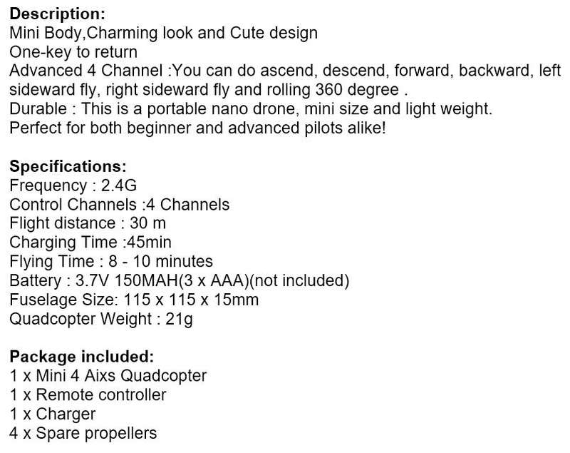 Mini 4 Axis Remote Control Drone - Altitude hold, automatic return 360 degrees, Flash Lights etc.