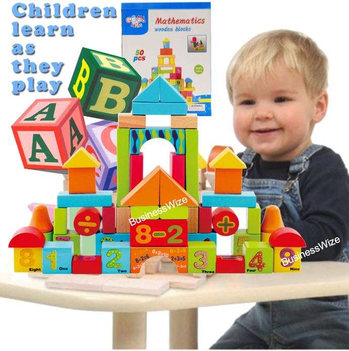 50 Piece Mathematics Wooden Learning Blocks Play Set for Kids