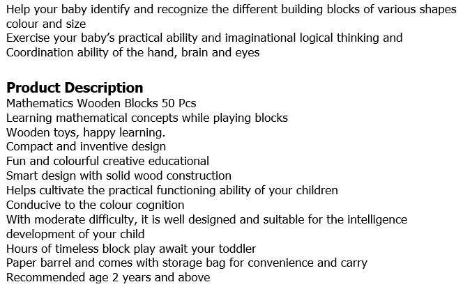 50 Piece Mathematics Wooden Learning Blocks Play Set for Kids